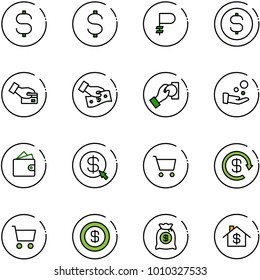 line vector icon set - dollar sign vector, ruble, coin, card pay, cash, wallet, money click, cart, reload, bag, home