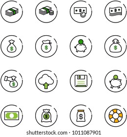 line vector icon set - dollar vector, cash, money bag, piggy bank, encashment, upload cloud, save, lifebuoy