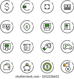 line vector icon set - dollar vector, euro, currency, cash, safe, atm, pay, encashment car, wallet, piggy bank, rich