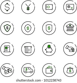 line vector icon set - dollar vector, yen, safe, bank, atm, piggy, card pay, cash, encashment car, wallet, purse