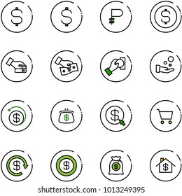 line vector icon set - dollar sign vector, ruble, coin, card pay, cash, money back, purse, click, cart, reload, bag, home