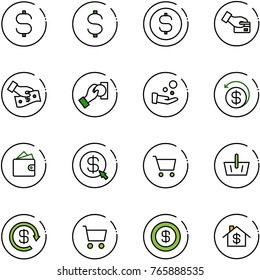 line vector icon set - dollar sign vector, coin, card pay, cash, money back, wallet, click, cart, basket, reload, home