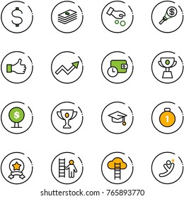 line vector icon set - dollar vector, investment, money torch, like, growth arrow, wallet time, cup, tree, gold, graduate hat, medal, star, opportunity, cloud ladder, flying man