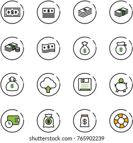 line vector icon set - dollar vector, cash, money bag, upload cloud, save, piggy bank, wallet time, lifebuoy