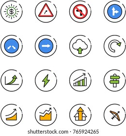 line vector icon set - dollar sun vector, turn right road sign, no left, only forward, detour, upload cloud, redo, growth arrow, lightning, signpost, rise, arrows up, bow