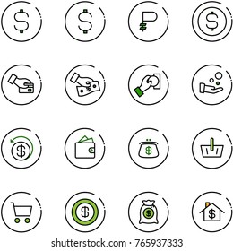 line vector icon set - dollar sign vector, ruble, coin, card pay, cash, money back, wallet, purse, basket, cart, bag, home