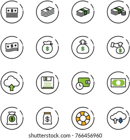 line vector icon set - dollar vector, cash, money bag, encashment, upload cloud, save, wallet time, lifebuoy, exchange data