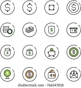 line vector icon set - dollar sign vector, currency, coin, safe, receipt, money bag, purse, piggy bank, tree, finance management, mail
