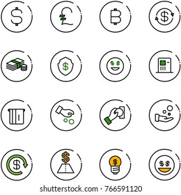 line vector icon set - dollar sign vector, pound, bitcoin, exchange, cash, safe, smile, atm, investment, pay, reload, business idea, money
