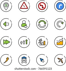 line vector icon set - dollar pin vector, turn left road sign, no, only right, arrow, user login, refresh, redo, fast forward, arrows up, career, growth, chevron, cursor, bow