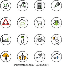 line vector icon set - dollar smile vector, investment, calculator, money torch, drawbridge road sign, refresh cloud, cart, group, statistics, tie, open, rich, ladder, growth, wi fi router