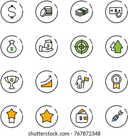 line vector icon set - dollar vector, coin, cash, money bag, investment, target, arrow up, gold cup, rise, win, medal, star, finance management, dart