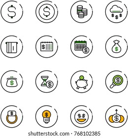 line vector icon set - dollar sign vector, coin, money rain, atm, finance calendar, bag, purse, account history, piggy bank, search, finger ring, business idea, smile, growth