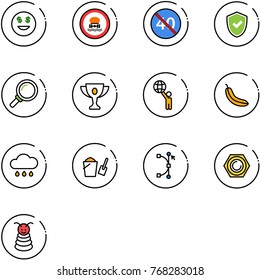 line vector icon set - dollar smile vector, no dangerous cargo road sign, end minimal speed limit, shield check, magnifier, gold cup, world, banana, rain cloud, bucket scoop, bezier, nut