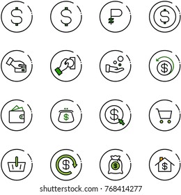 line vector icon set - dollar sign vector, ruble, coin, card pay, cash, money back, wallet, purse, click, cart, basket, reload, bag, home