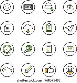 line vector icon set - dollar exchange vector, account, purse, document, download cloud, clipboard, paper plane, clock around, search money, statistics monitor, highlight marker, finger up, smile