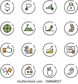 line vector icon set - dollar vector, ruble, coin, money bag, target, attainment, growth arrow, golden branch, finger up, career, rise, certificate, flags cross, finance management, victory