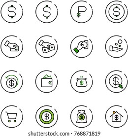 line vector icon set - dollar sign vector, ruble, coin, card pay, cash, money back, wallet, purse, click, cart, bag, home