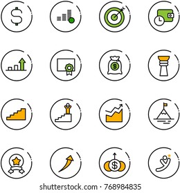 line vector icon set - dollar sign vector, coin, target, wallet time, growth arrow, certificate, money bag, award, stairs, success, mountain, star medal, flying man