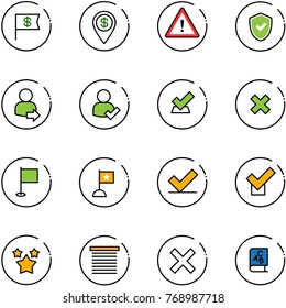 line vector icon set - dollar flag vector, pin, attention road sign, shield check, user login, delete cross, stars, jalousie, abc book