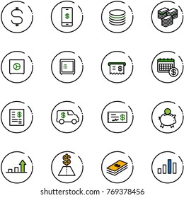 line vector icon set - dollar sign vector, mobile payment, coin, big cash, safe, receipt, calendar, account statement, encashment car, check, piggy bank, growth arrow, chart