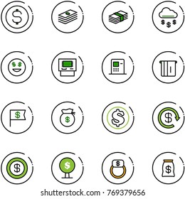 line vector icon set - dollar coin vector, money rain, smile, atm, flag, bag, reload, tree, finger ring