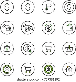 line vector icon set - dollar sign vector, ruble, coin, card pay, cash, money back, wallet, purse, click, cart, basket, reload, home