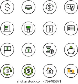 line vector icon set - dollar vector, coin, exchange, cash, atm, finance calendar, flag, purse, account history, piggy bank, reload, home, money