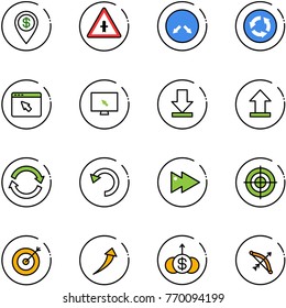 line vector icon set - dollar pin vector, intersection road sign, detour, circle, cursor browser, monitor, download, uplooad, refresh, undo, fast forward, target, growth, bow
