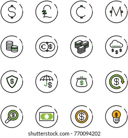 line vector icon set - dollar vector, pound, cent, monero, coin, euro, big cash, money rain, safe, insurance, purse, reload, search, business idea