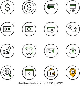line vector icon set - dollar vector, coin, credit card, tap pay, exchange, receipt, cash, money back, check, purse, click, cursor browser, finance management, atm map pin