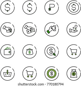 line vector icon set - dollar sign vector, ruble, coin, card pay, cash, wallet, purse, money click, cart, basket, bag