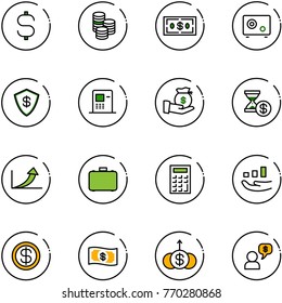 line vector icon set - dollar sign vector, coin, safe, atm, investment, account history, growth arrow, case, calculator, money, dialog