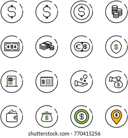 line vector icon set - dollar sign vector, coin, cash, euro, safe, atm, finance calendar, pay, encashment, wallet, purse, map pin