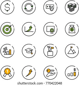 line vector icon set - dollar sign vector, exchange, cash, big, target, growth arrow, certificate, money bag, career, graduate hat, win, mountain, gold medal, key hand, chart