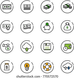 line vector icon set - dollar vector, cash, piggy bank, money bag, encashment, upload cloud, save, wallet time, business idea, lifebuoy, exchange data