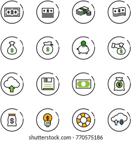 line vector icon set - dollar vector, cash, money bag, piggy bank, encashment, upload cloud, save, business idea, lifebuoy, exchange data