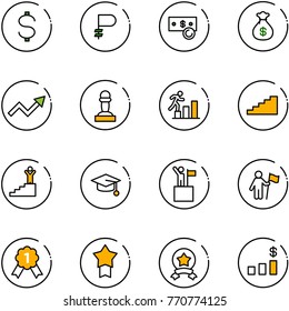 line vector icon set - dollar vector, ruble, cash, money bag, growth arrow, pawn, career, stairs, success, graduate hat, win, gold medal, star, chart