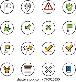 line vector icon set - dollar flag vector, pin, attention road sign, shield check, user, delete cross, flags, stars, jalousie, abc book