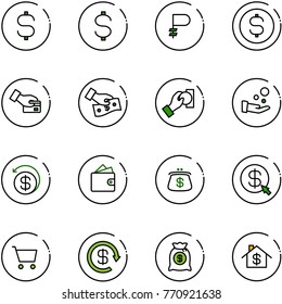 line vector icon set - dollar sign vector, ruble, coin, card pay, cash, money back, wallet, purse, click, cart, reload, bag, home