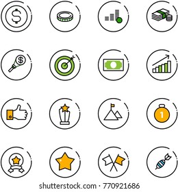 line vector icon set - dollar coin vector, cash, money torch, target, growth, finger up, award, mountain, gold medal, star, flags cross, dart