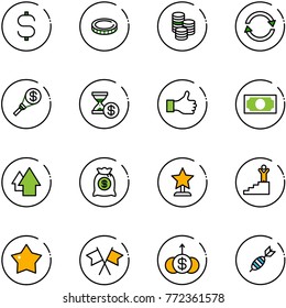 line vector icon set - dollar sign vector, coin, exchange, money torch, account history, like, arrow up, bag, award, success, star medal, flags cross, growth, dart
