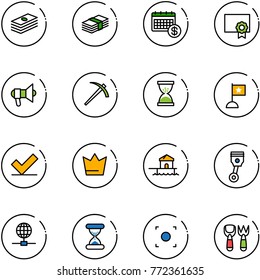 line vector icon set - dollar vector, calendar, certificate, megaphone, job, sand clock, flag, check, crown, bungalow, piston, globe, record button, shovel fork toy