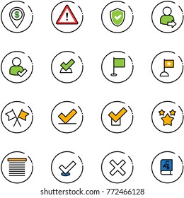 line vector icon set - dollar pin vector, attention road sign, shield check, user login, flag, flags cross, stars, jalousie, delete, abc book