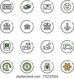 line vector icon set - dollar vector, credit card, smile, bank, atm, investment, cash pay, encashment car, reload, money bag, managemet