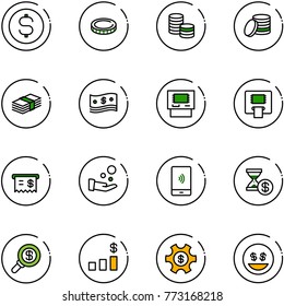 line vector icon set - dollar coin vector, cash, atm, receipt, pay, mobile payment, account history, search money, chart, managemet, smile