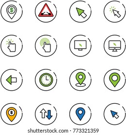 line vector icon set - dollar pin vector, drawbridge road sign, cursor, hand touch, monitor, left arrow, time, map, atm, up down arrows, navigation