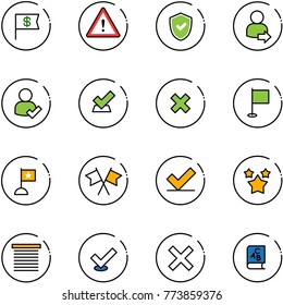 line vector icon set - dollar flag vector, attention road sign, shield check, user login, delete cross, flags, stars, jalousie, abc book