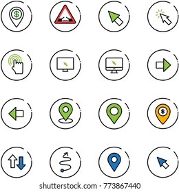 line vector icon set - dollar pin vector, drawbridge road sign, cursor, hand, monitor, right arrow, left, map, atm, up down arrows, trip, navigation