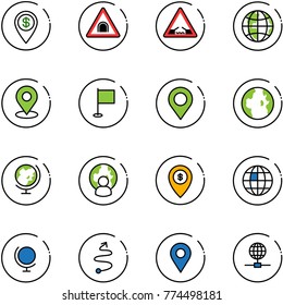 line vector icon set - dollar pin vector, tunnel road sign, drawbridge, globe, map, flag, man, atm, trip, navigation